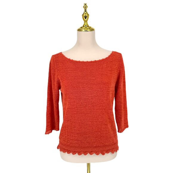 VTG Finity Studio Open Knit Top MEDIUM Orange Boat Neck Scalloped Hem 3/4 Sleeve - Picture 2 of 11